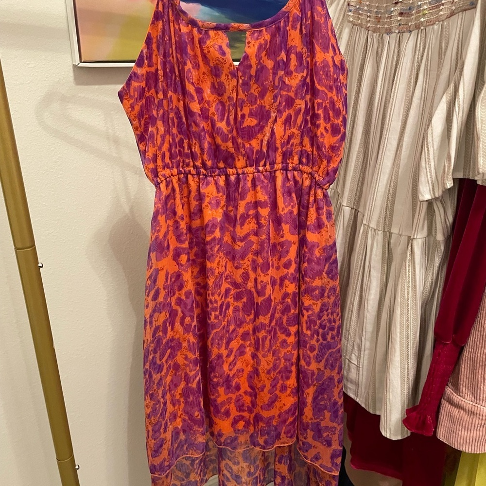 Love Chelsea Vibrant Orange and Purple Dress sundress vacation‎ size M leopard